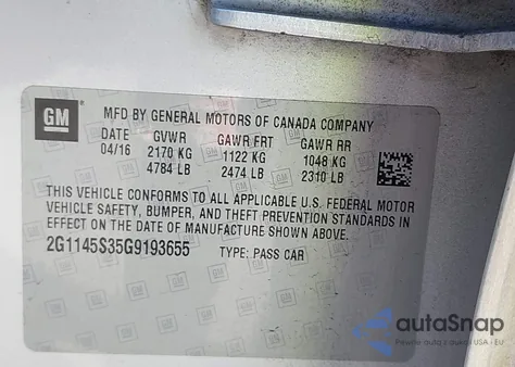 2016 Chevrolet Impala 2Lz from USA, damaged, VIN 2G1145S35G9193655